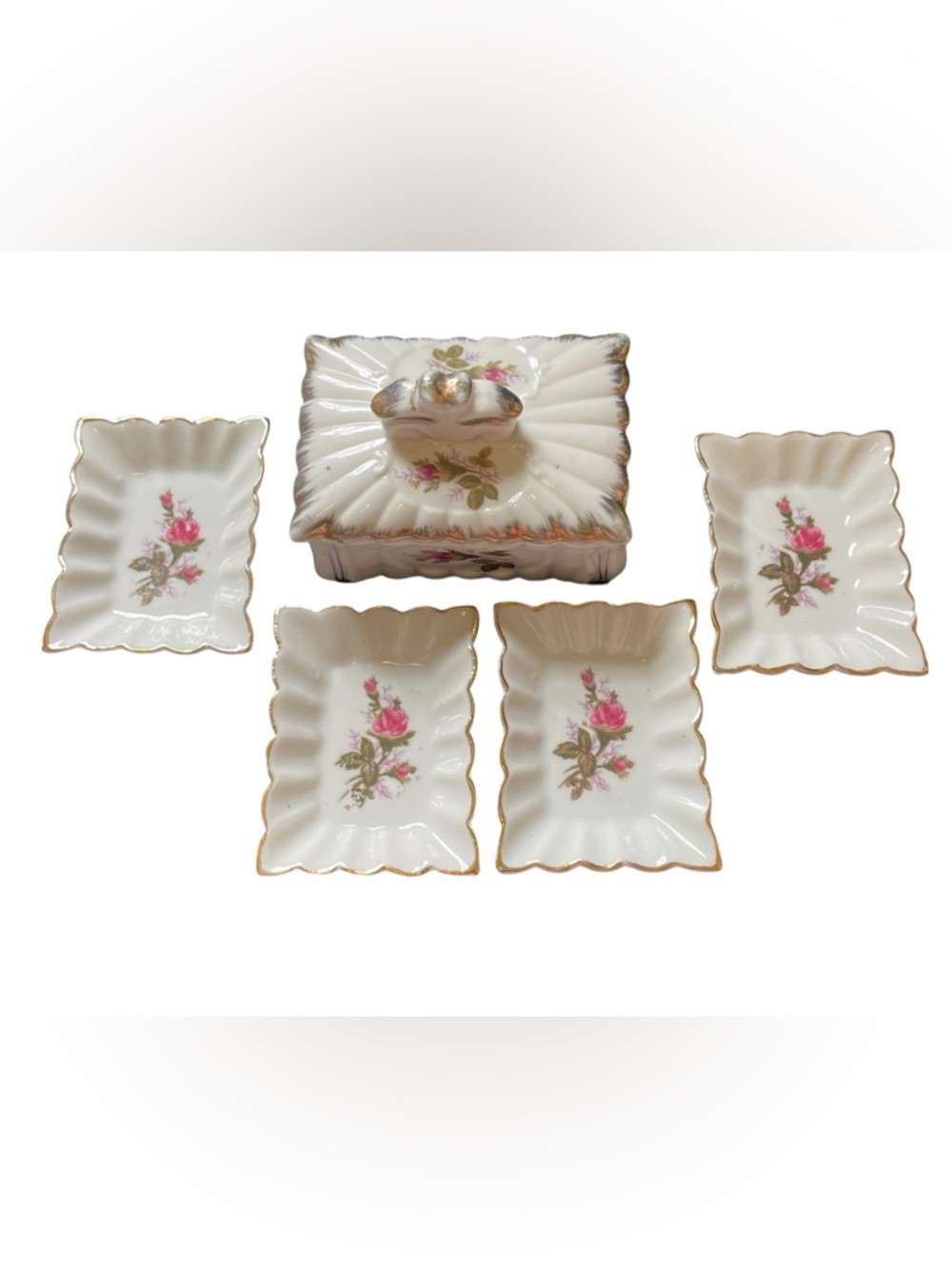 Vtg Porcelain Floral Trinket Dishes & Box Del Coronado Nasco Japan Moss Rose
